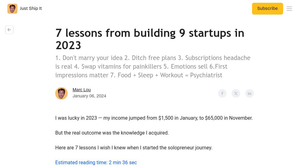 Screenshot of marclou.beehiiv.com: Lessons from building nine startups in 2023