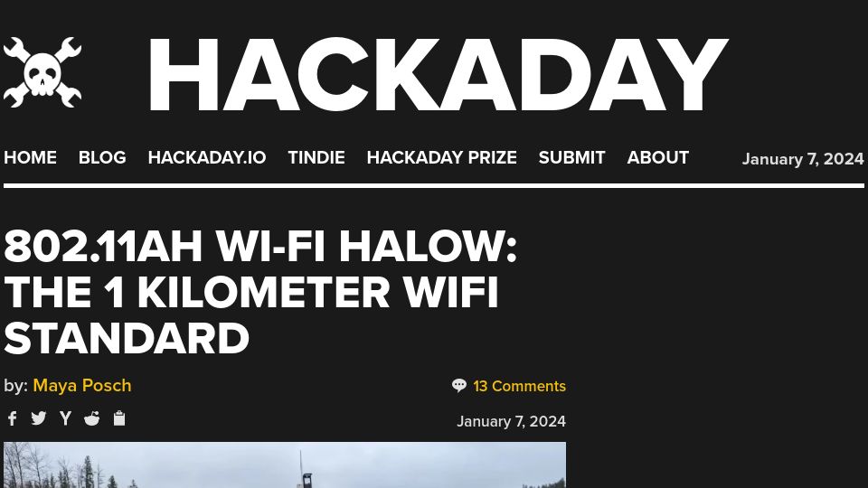 Screenshot of hackaday.com: 802.11ah Wi-Fi HaLOW: The 1 Kilometer WiFi Standard