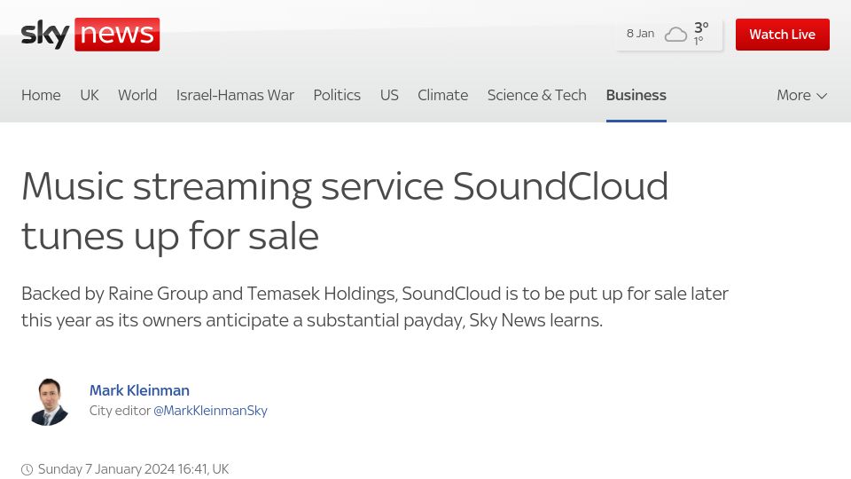 Screenshot of news.sky.com: Music streaming service SoundCloud tunes up for sale