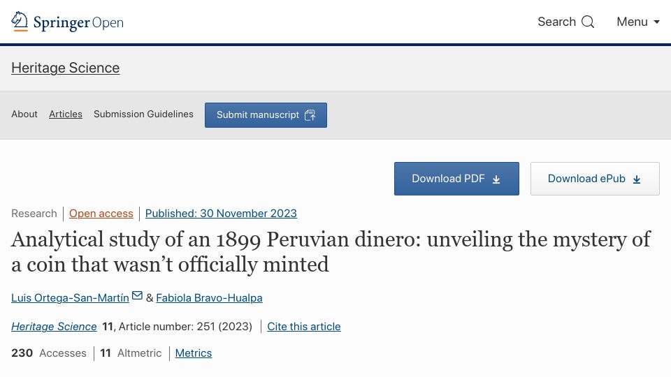 Screenshot of heritagesciencejournal.springeropen.com: 1899 Peruvian dinero: the mystery of a coin that wasn't officially minted