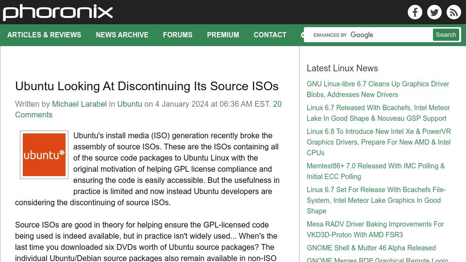Screenshot of phoronix.com: Ubuntu Looking at Discontinuing Its Source ISOs