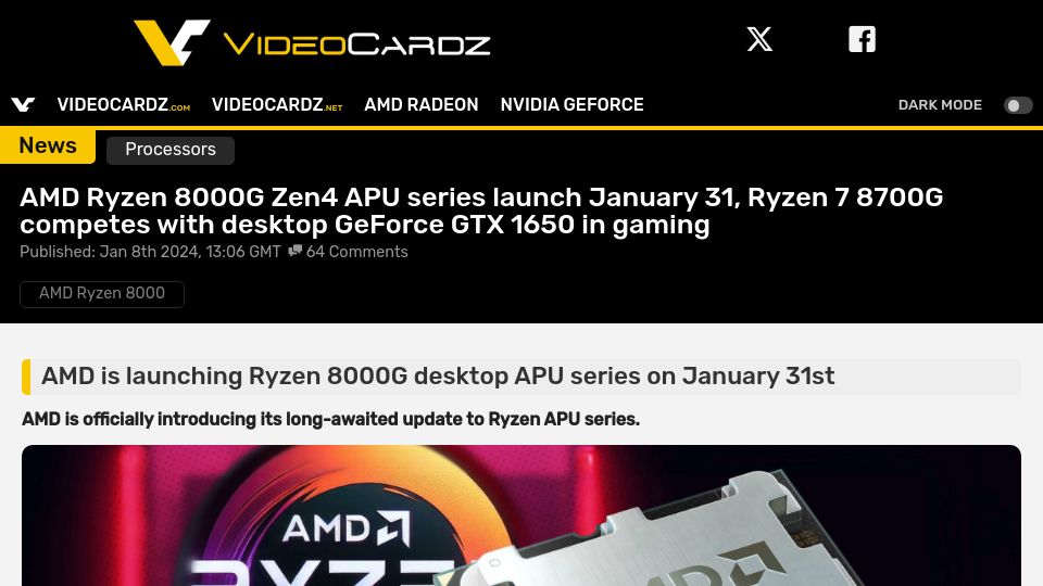 Screenshot of videocardz.com: AMD 8000G APUs launch Jan 31, $329 8700G competes with desktop GTX1650 in gaming