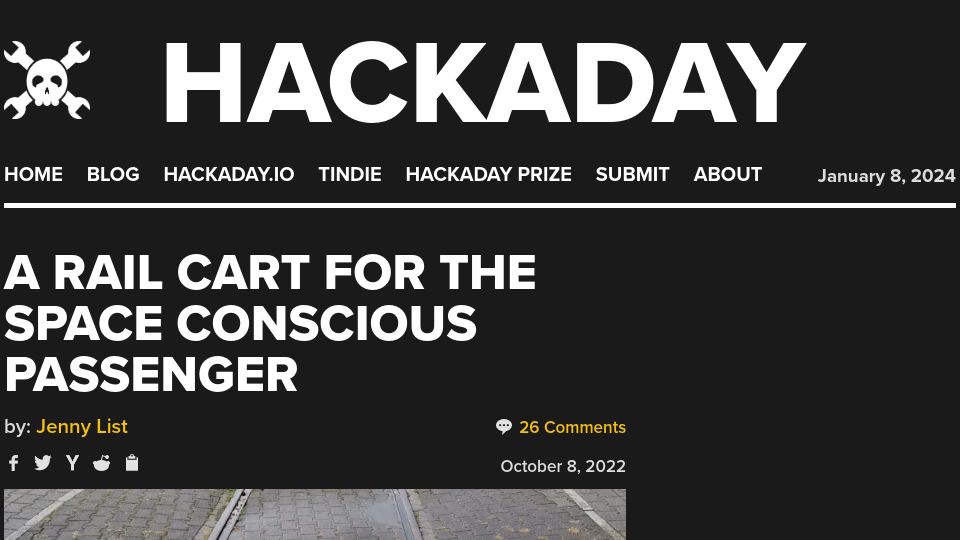 Screenshot of hackaday.com: A Rail Cart for the Space Conscious Passenger (2022)