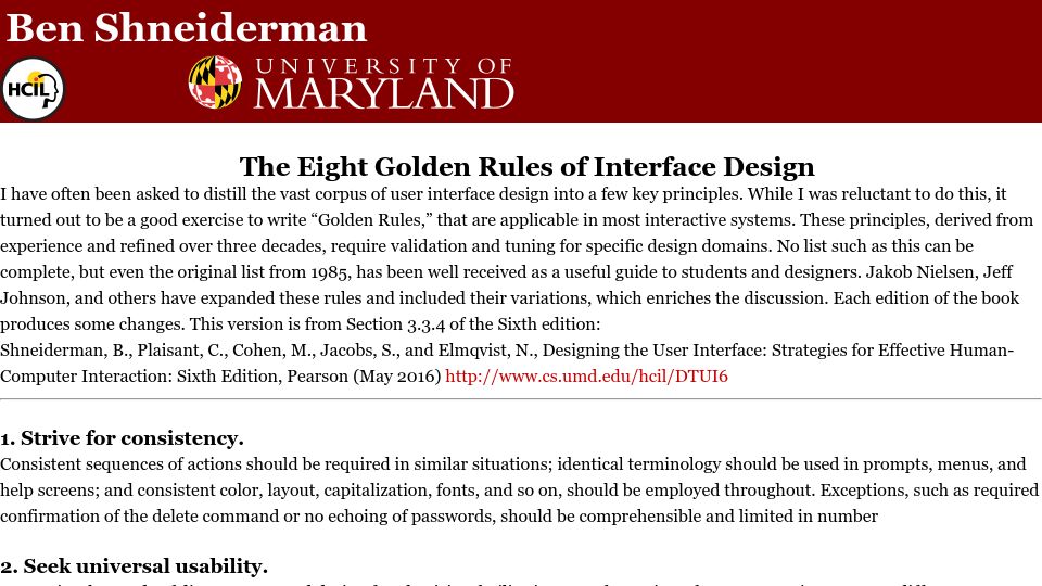 Screenshot of cs.umd.edu: Golden Rules of Interface Design (2013)