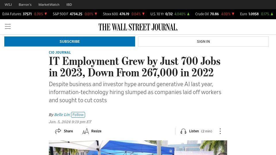Screenshot of wsj.com: IT employment grew by just 700 jobs in 2023