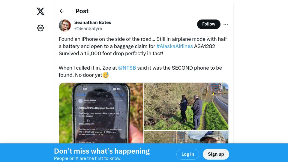 Screenshot of twitter.com: iPhone that fell from hole in Alaska 737 MAX flight is found, still open to Mail