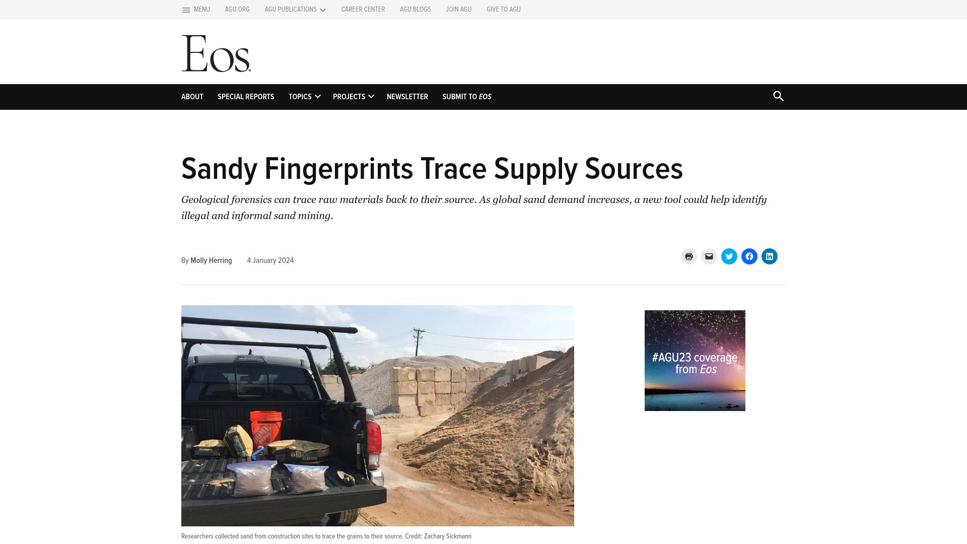 Screenshot of eos.org: Sandy Fingerprints Trace Supply Sources