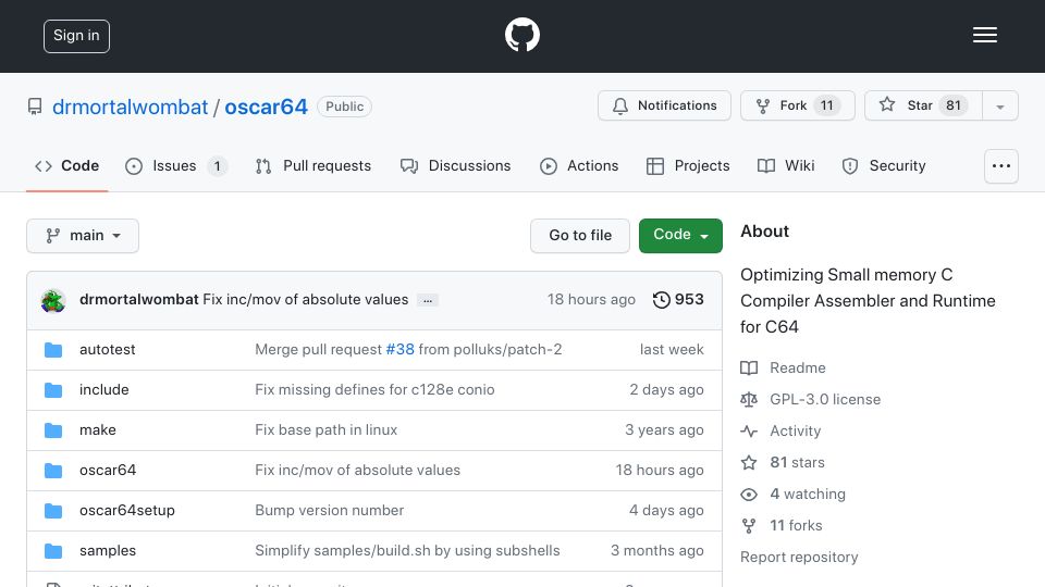 Screenshot of github.com: C Compiler Assembler and Runtime for C64