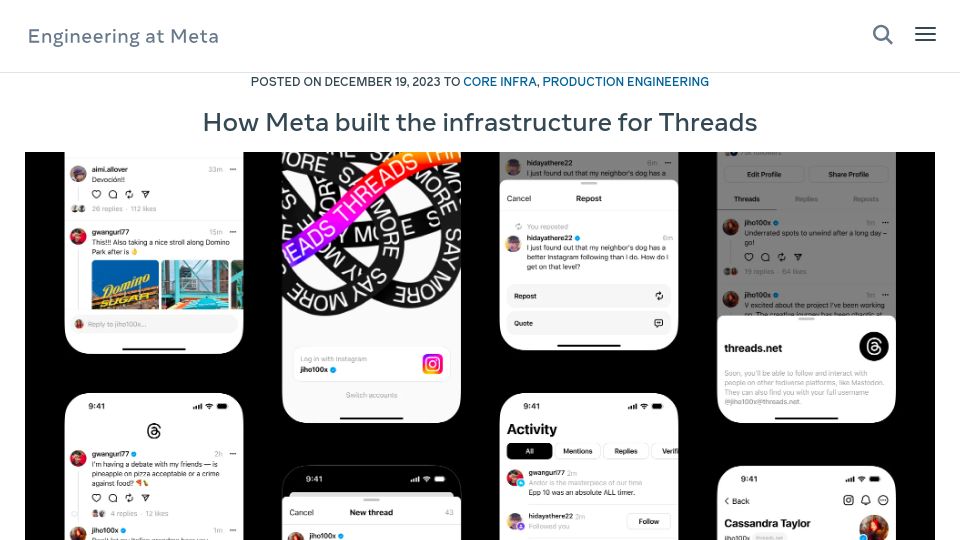 Screenshot of engineering.fb.com: How meta built the infrastructure for Threads