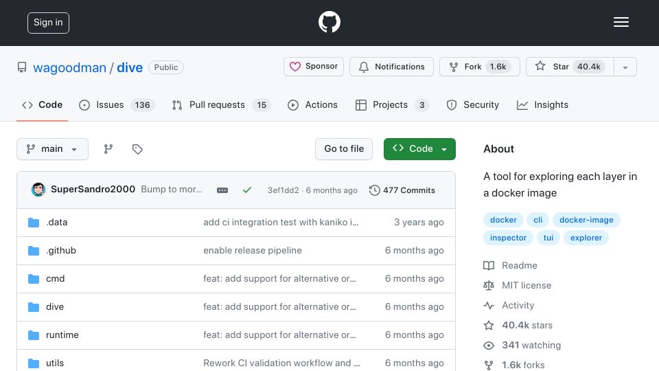 Screenshot of github.com: Dive: A tool for exploring a Docker image, layer contents and more