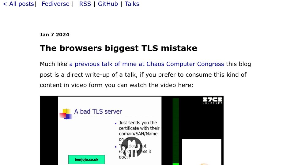 Screenshot of blog.benjojo.co.uk: The browser's biggest TLS mistake