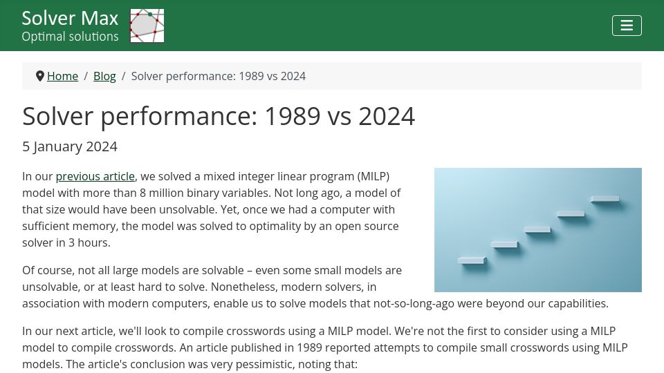Screenshot of solvermax.com: Solver Performance: 1989 vs. 2024