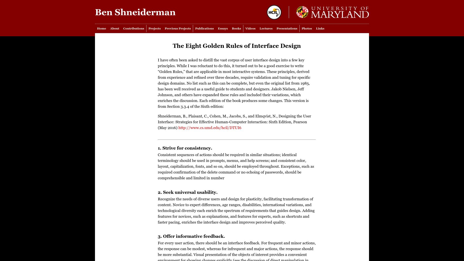 Screenshot of cs.umd.edu: Golden Rules of Interface Design (2013)