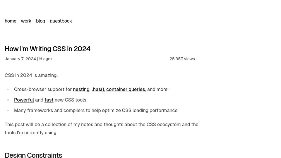 Screenshot of leerob.io: How I'm writing CSS in 2024