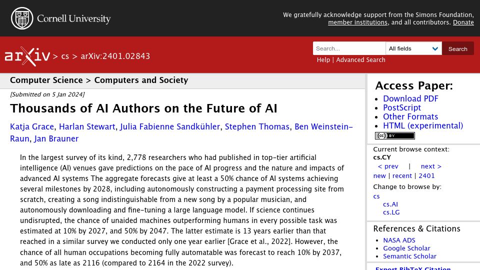 Screenshot of arxiv.org: Thousands of AI Authors on the Future of AI