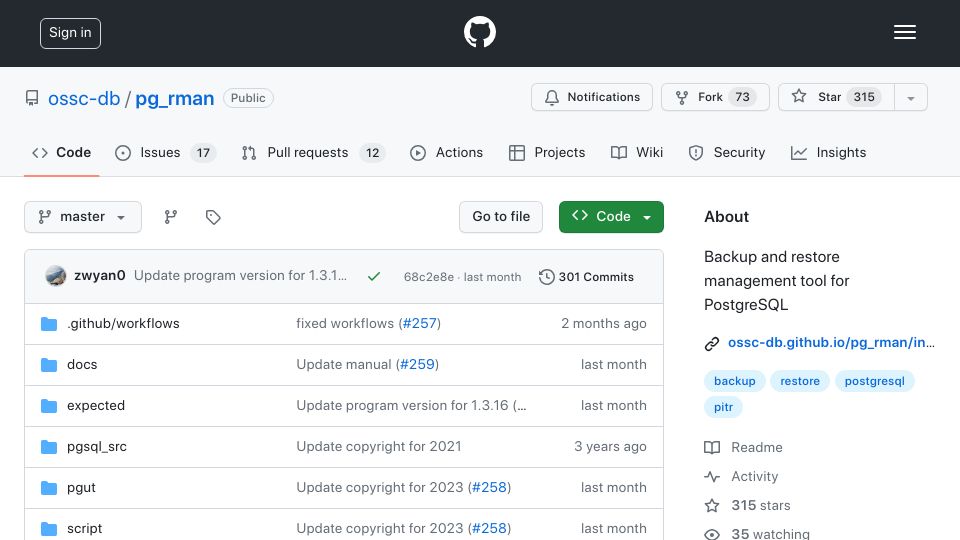 Screenshot of github.com: Pg_rman: Backup/Restore Tool for PostgreSQL