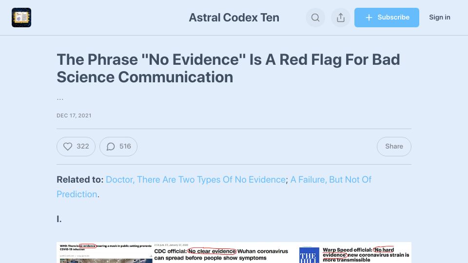 Screenshot of astralcodexten.com: The phrase "no evidence" is a red flag for bad science communication (2021)