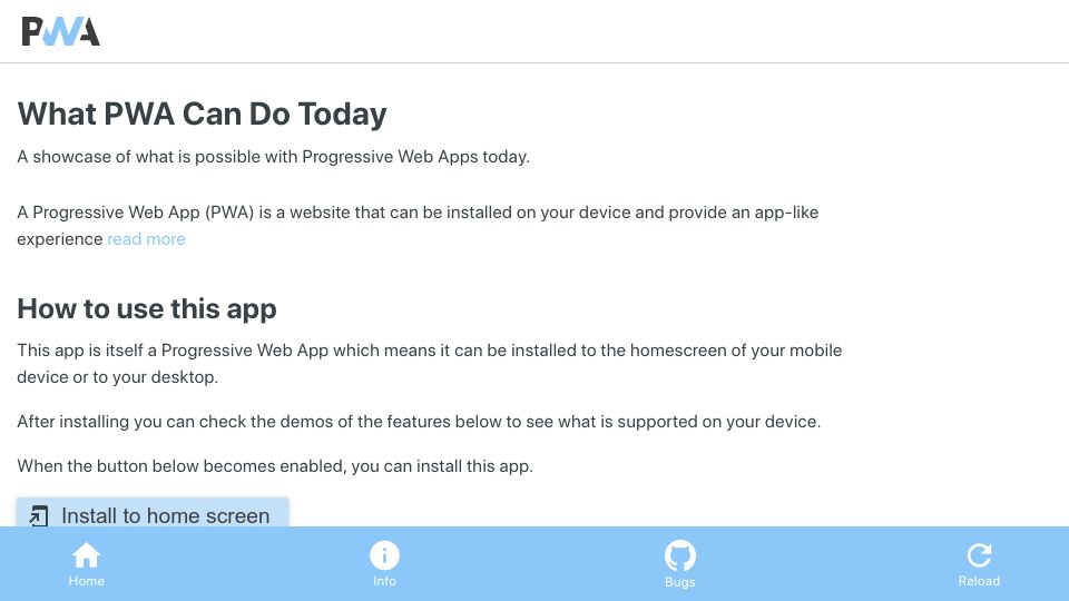 Screenshot of whatpwacando.today: What PWA Can Do Today