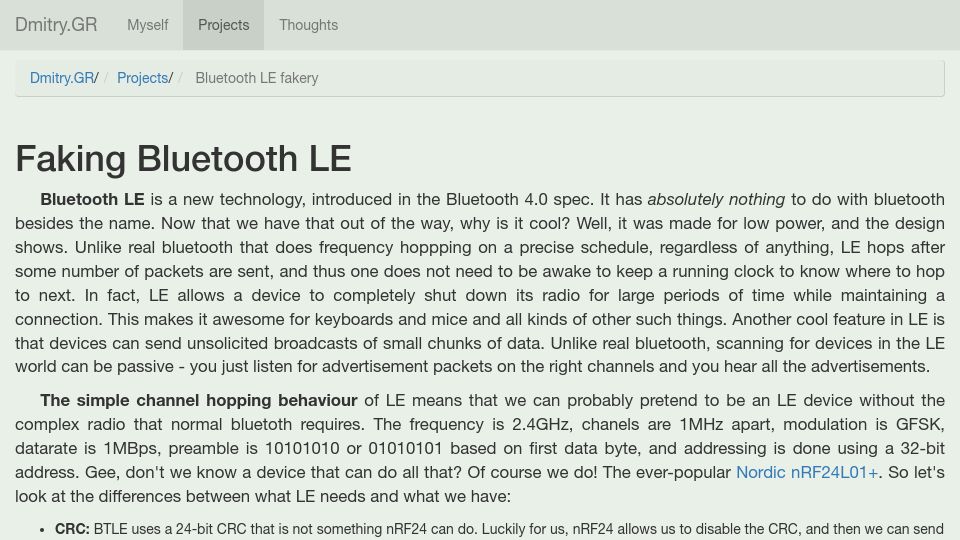 Screenshot of dmitry.gr: Bit-Banging Bluetooth Low Energy
