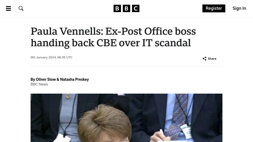 Screenshot of bbc.com: Ex Post Office CEO hands back award after IT failures lead to false convictions