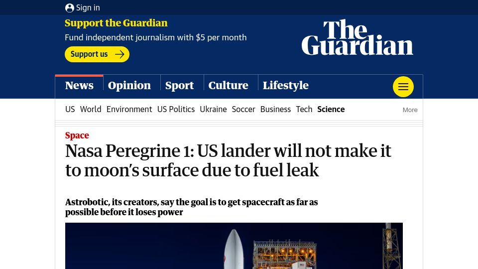 Screenshot of theguardian.com: NASA Peregrine 1: US lander will not make it to moon's surface due to fuel leak