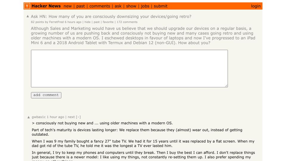 Screenshot of Hacker News post: Ask HN: How many of you are consciously downsizing your devices/going retro?