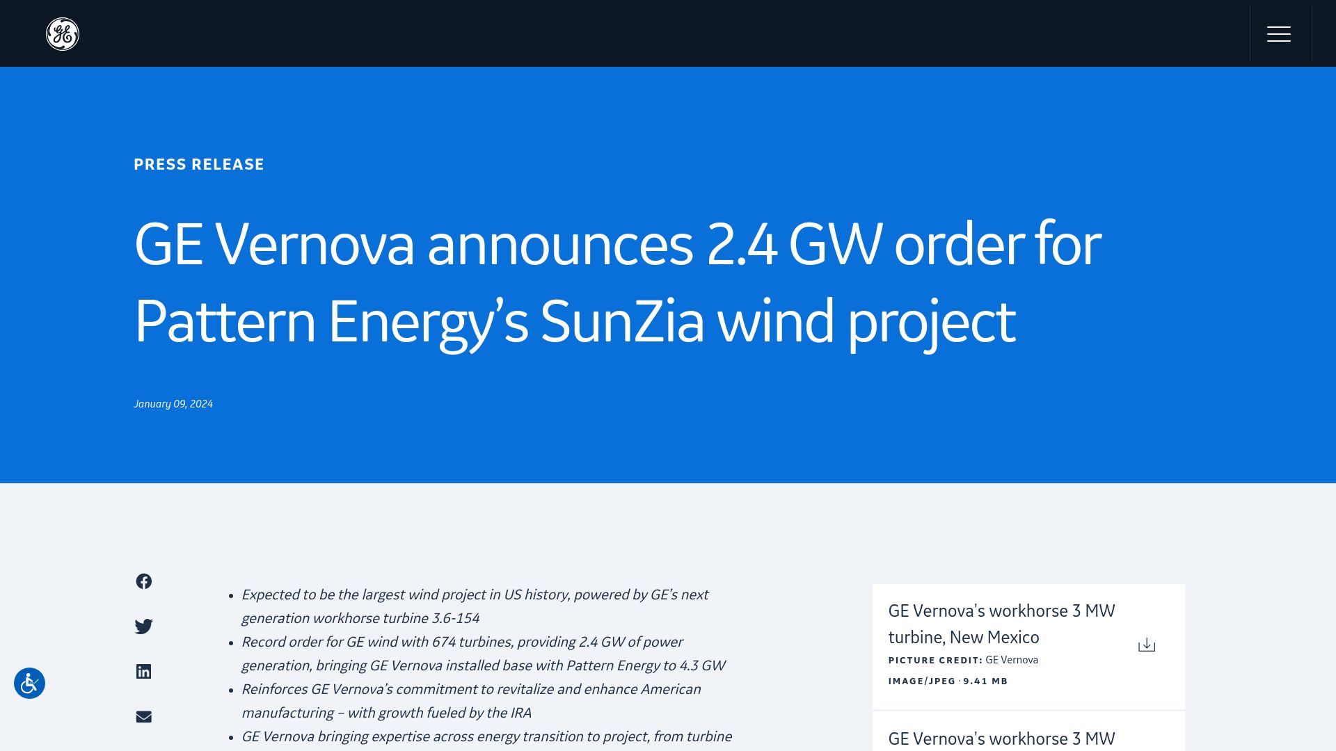 Screenshot of ge.com: GE Vernova announces order of 674 wind turbines, providing 2.4 GW of power