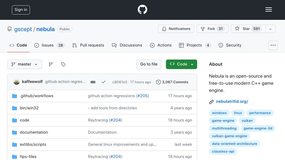 Screenshot of github.com: Nebula is an open-source and free-to-use modern C++ game engine