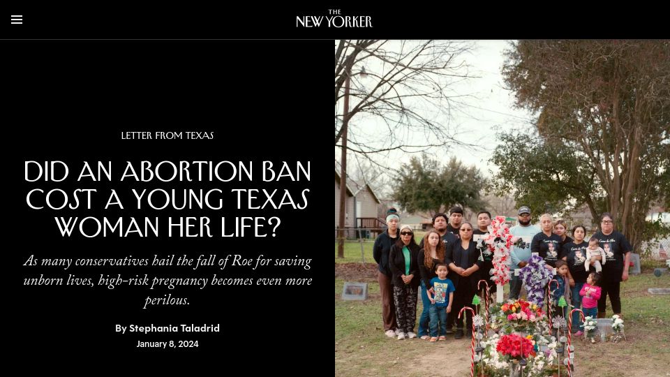 Screenshot of newyorker.com: Did an Abortion Ban Cost a Young Texas Woman Her Life?