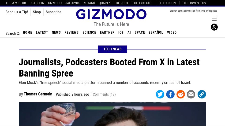 Screenshot of gizmodo.com: Journalists, Podcasters Booted from X in Latest Banning Spree