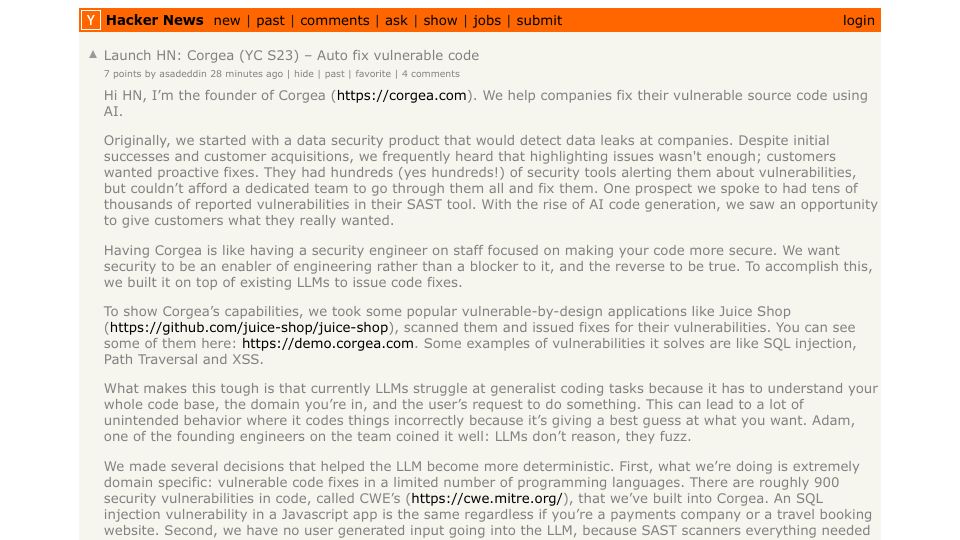 Screenshot of Hacker News post: Launch HN: Corgea (YC S23) – Auto fix vulnerable code