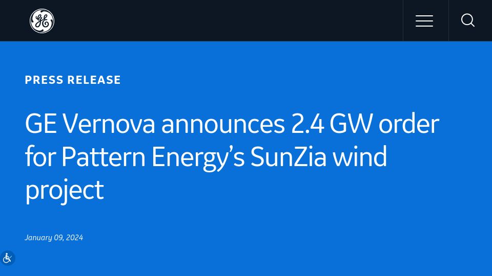 Screenshot of ge.com: GE Vernova announces order of 674 wind turbines, providing 2.4 GW of power