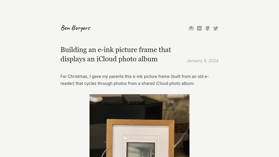 Screenshot of ben.page: Building an e-ink picture frame that displays an iCloud photo album