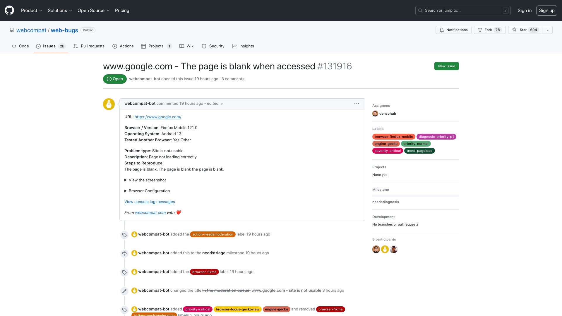 Screenshot of github.com: www.google.com – The page is blank when accessed