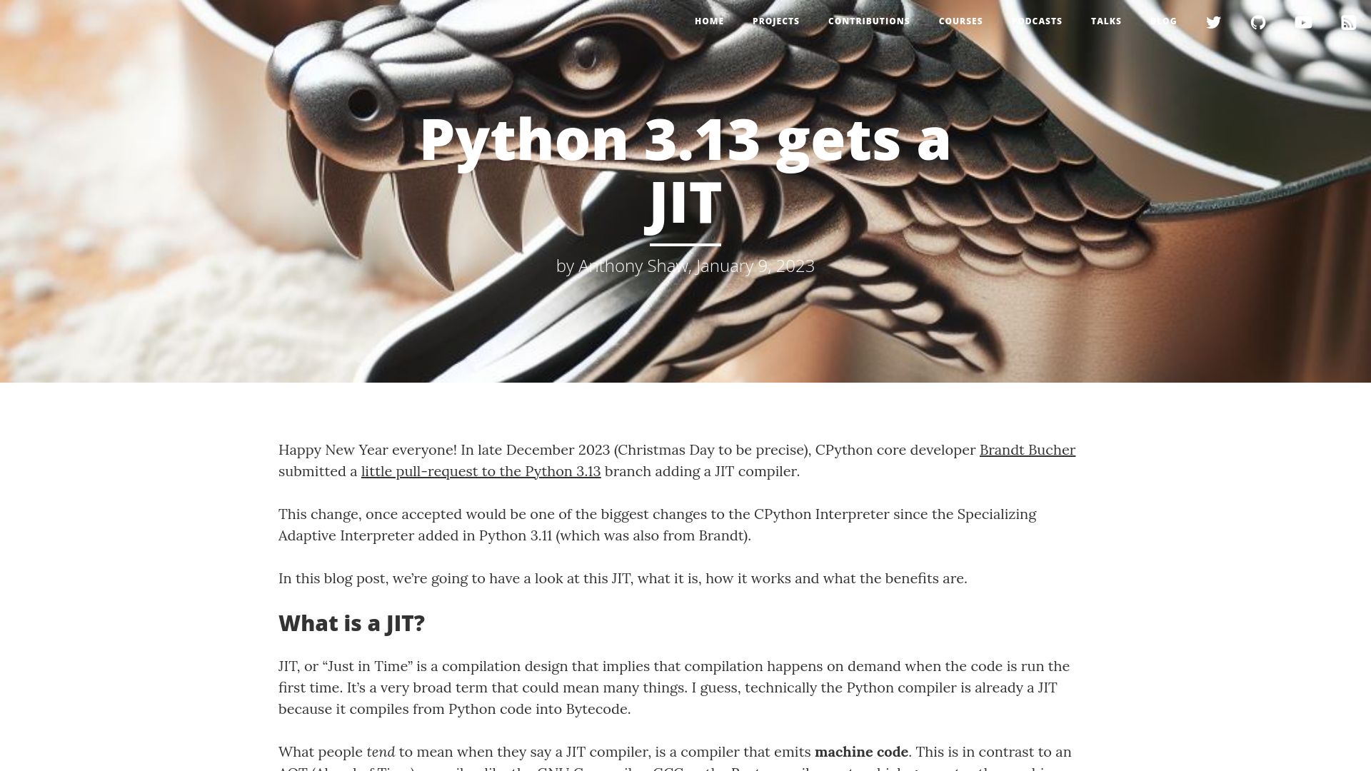 Screenshot of tonybaloney.github.io: Python 3.13 Gets a JIT