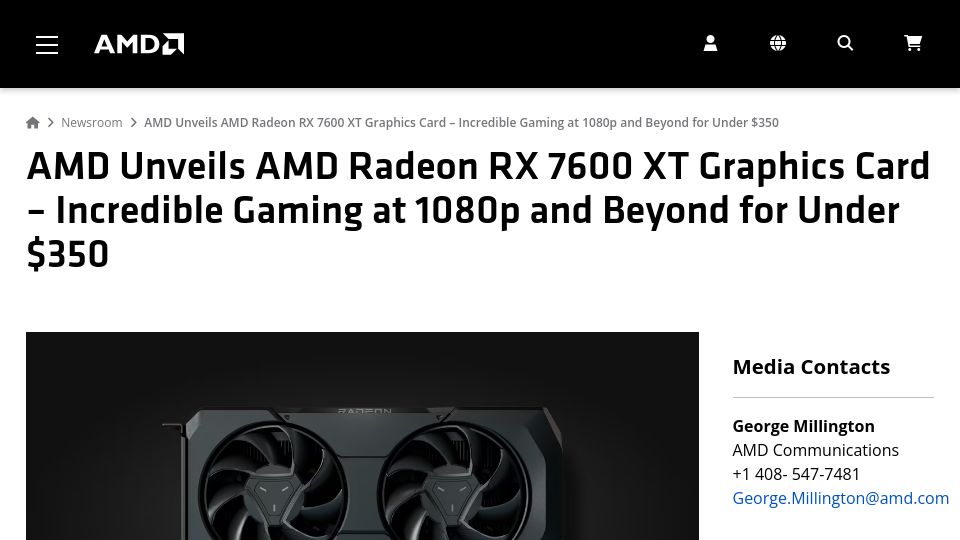 Screenshot of amd.com: AMD Unveils AMD Radeon RX 7600 XT Graphics Card