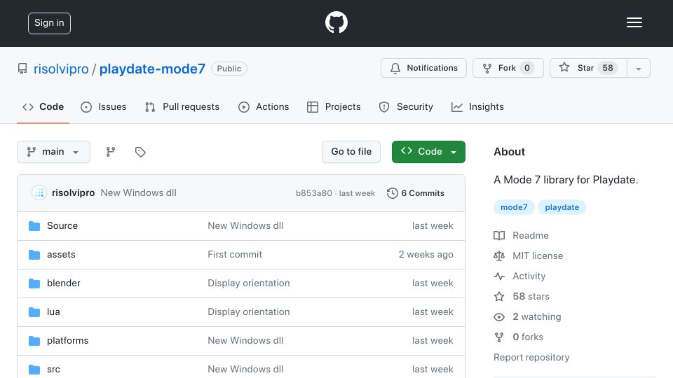 Screenshot of github.com: Mode7 Graphics Library for Playdate