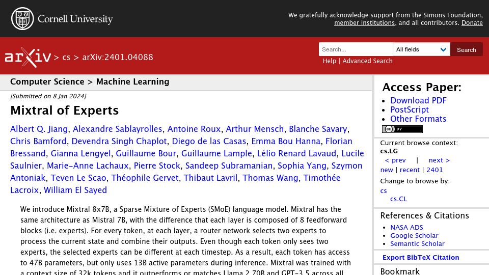Screenshot of arxiv.org: Mixtral 8x7B: A sparse Mixture of Experts language model