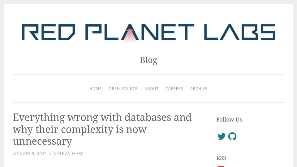 Screenshot of blog.redplanetlabs.com: Databases and why their complexity is now unnecessary