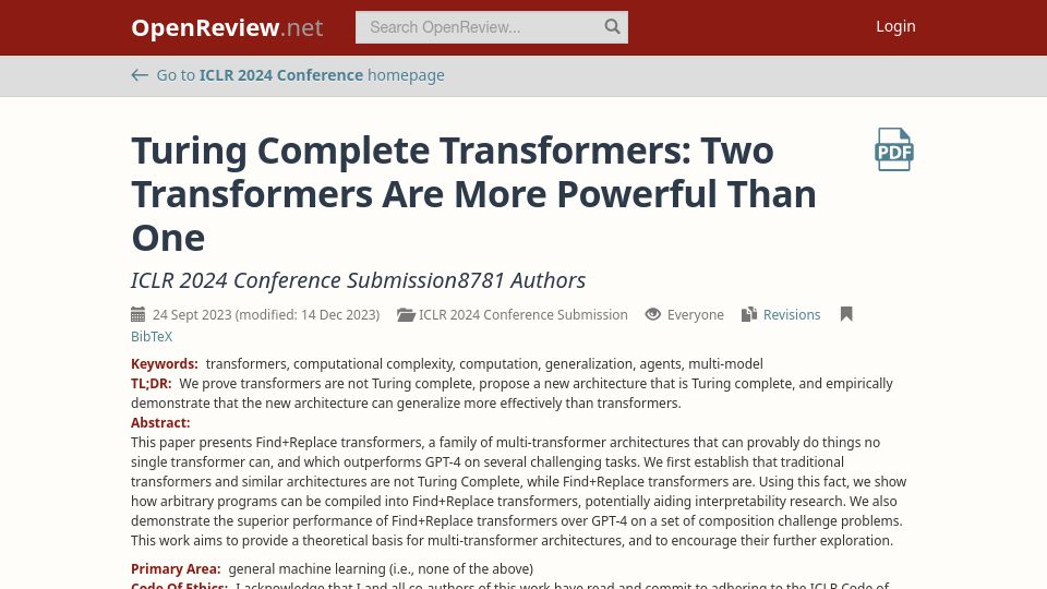 Screenshot of openreview.net: Turing Complete Transformers: Two Transformers Are More Powerful Than One