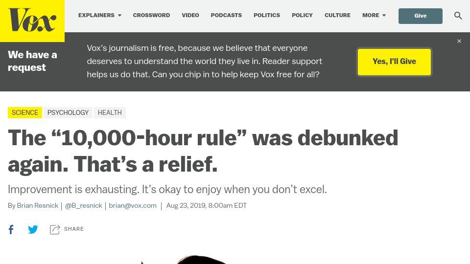 Screenshot of vox.com: The "10k-hour rule" was debunked again