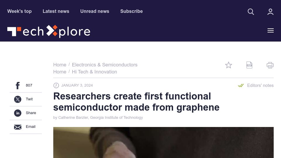 Screenshot of techxplore.com: Researchers create first functional semiconductor made from graphene