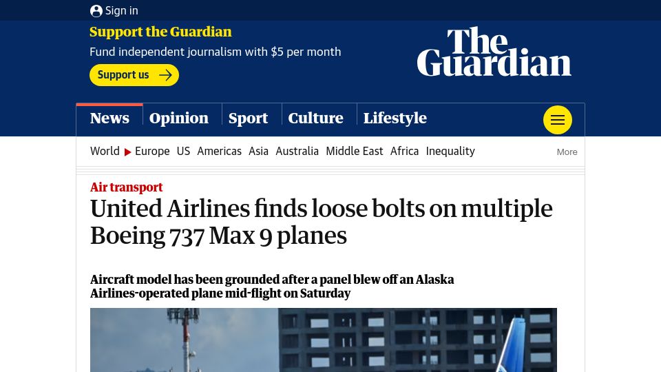 Screenshot of theguardian.com: United Airlines finds loose bolts on multiple Boeing 737 Max 9 planes
