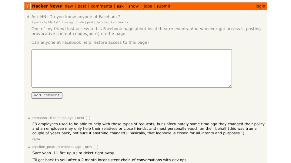 Screenshot of Hacker News post: Ask HN: Do you know anyone at Facebook?