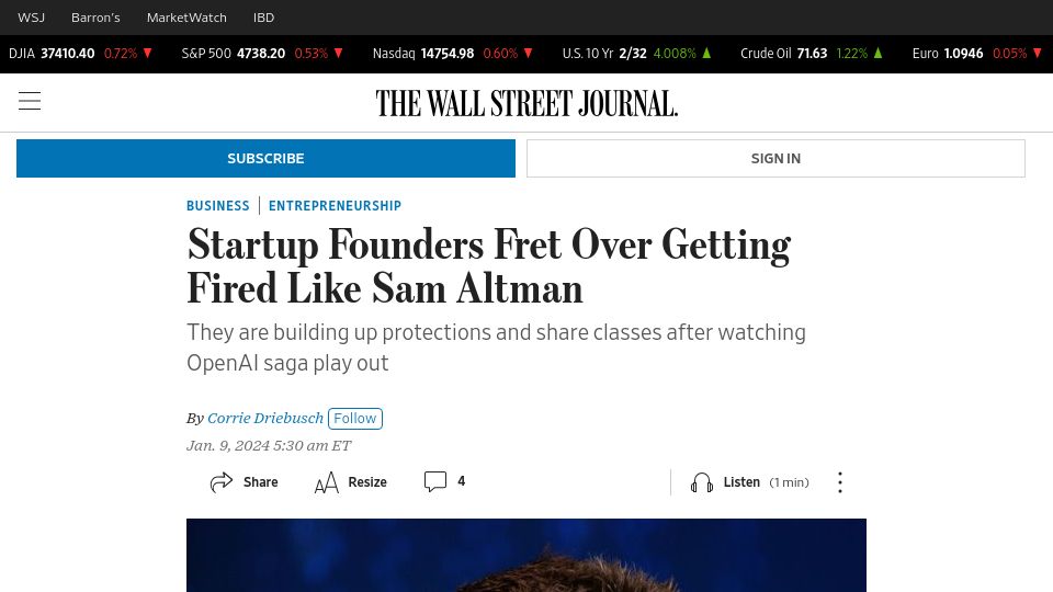 Screenshot of wsj.com: Startup Founders Fret over Getting Fired Like Sam Altman