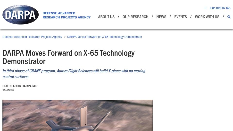 Screenshot of darpa.mil: DARPA Moves Forward on X-65: Plane with no moving control surfaces