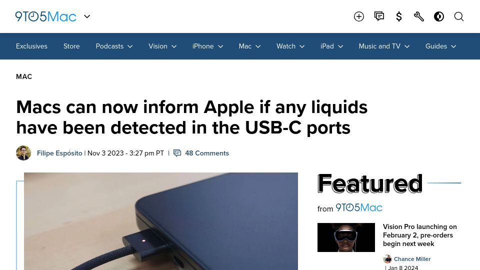 Screenshot of 9to5mac.com: Macs can now inform Apple if any liquids have been detected in the USB-C ports