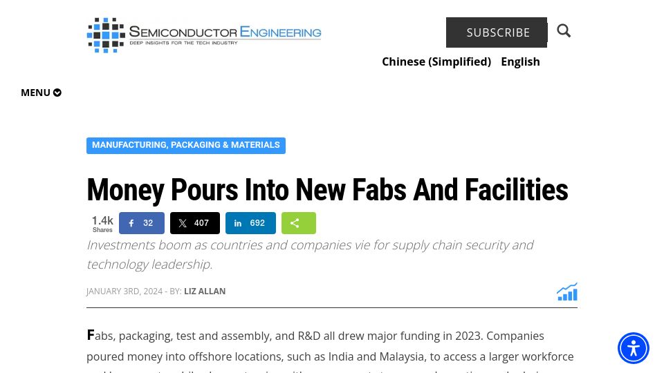 Screenshot of semiengineering.com: Money pours into new fabs and facilities