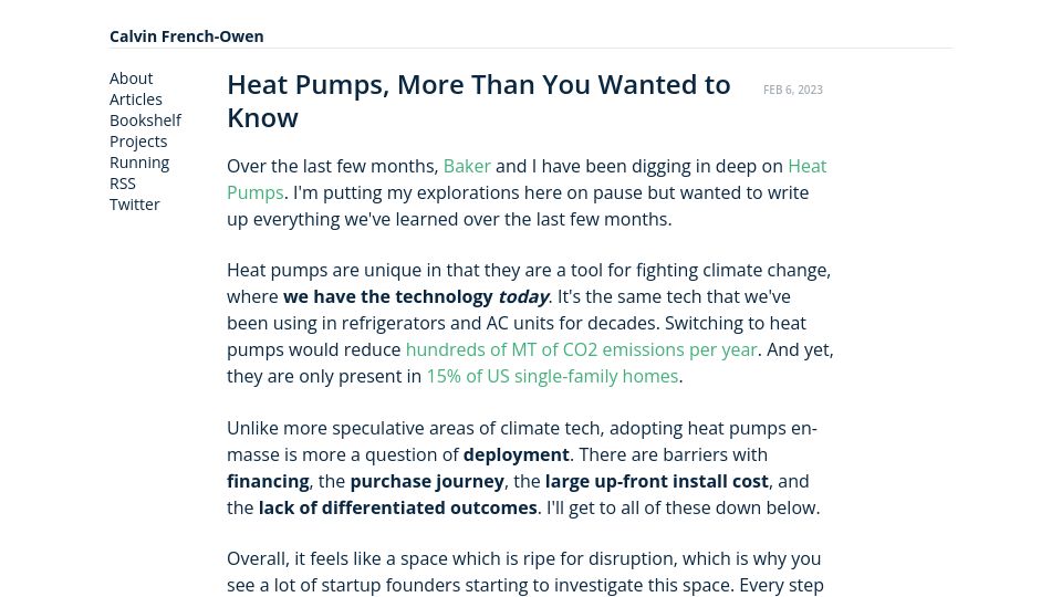 Screenshot of calv.info: Heat pumps, more than you wanted to know (2023)