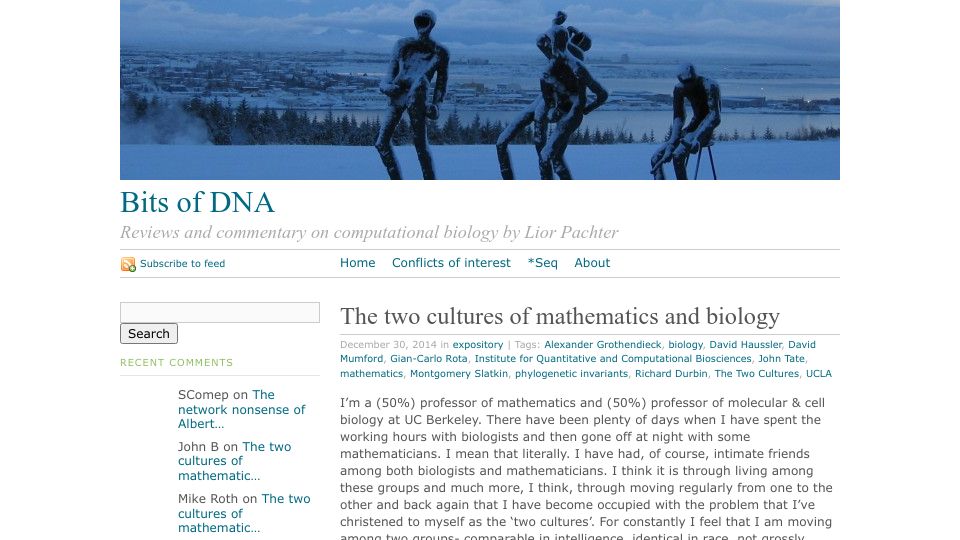 Screenshot of liorpachter.wordpress.com: The two cultures of mathematics and biology (2014)